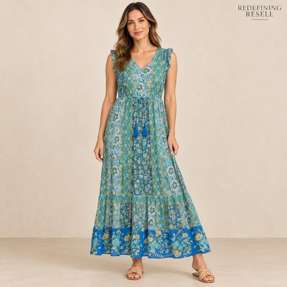 Knox Rose Dresses & Skirts - Knox Rose Blue Green Floral Patchwork Maxi Dress Sleeveless Tassel Waist Medium
